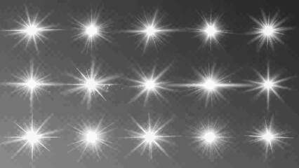 Collection of white lens flare effects on a transparent background for overlays 