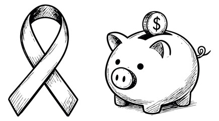 Hand drawn line art set featuring an awareness ribbon and a piggy bank with a dollar coin for financial and charitable concepts