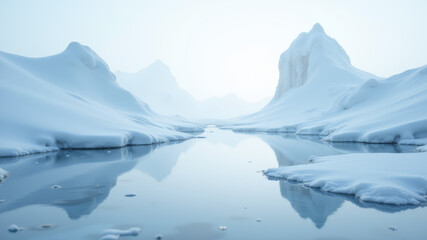 Large icebergs floating in frozen arctic ocean under clear blue sky