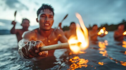 A close-up shot of a young man participating in a captivating water ceremony, gripping a torch of fire that symbolizes courage, community, and the dynamic exchange between emotion and nature.