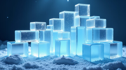 Stack of shiny blue ice cubes arranged in glowing cold composition