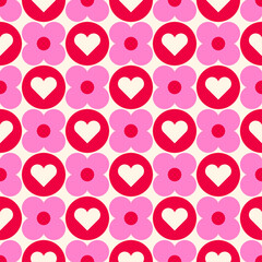Cute geometric flower and heart seamless pattern design for Valentine's Day.