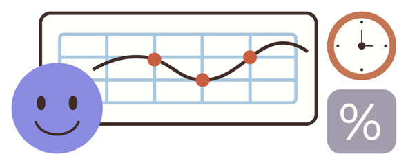 Business analysis, performance metrics, customer satisfaction, trend visualization, time management, growth tracking. Graph with data points, clock happy percentage icon. Business analysis