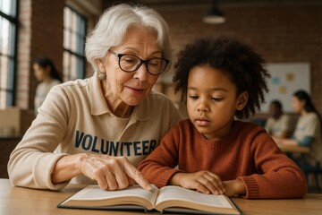 Senior female volunteer reading a book with a young child at a community center table, highlighting mentoring, education, and intergenerational connection.