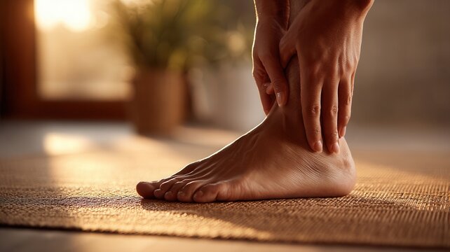 Person suffering from ankle pain, massaging injured foot, finding relief doing self care on a mat