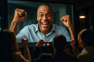 Team celebrating during a video conference, cheering leader on a large screen with raised fists in the room.