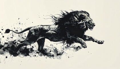 A vibrant ink painting of a lion drawn with a brush　筆で描いた躍動するライオンの墨絵