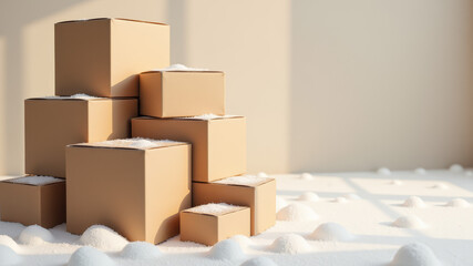 Stack of cardboard boxes placed near wall in warm indoor light