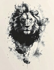 A vibrant ink painting of a lion drawn with a brush　筆で描いた躍動するライオンの墨絵