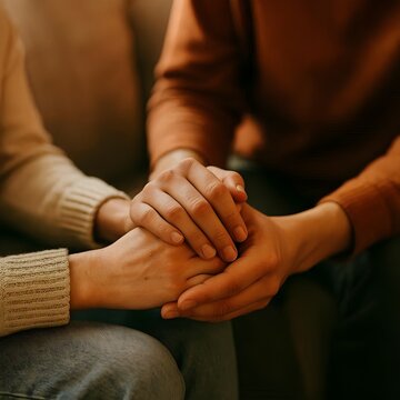 Close up of two people holding hands for comfort and emotional support during difficult times or mourning