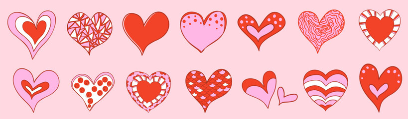Cute doodle red and pink vector hearts for Valentine's Day designs, greeting cards and backgrounds