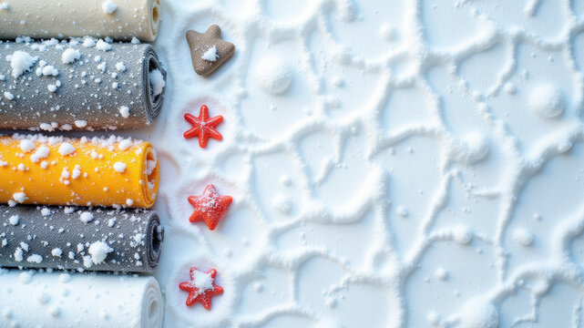 Red snowflake ornaments on frozen icy surface with detailed texture - Powered by Adobe