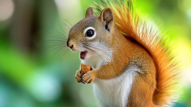 Close-up of a red squirrel holding and eating a nut in a blurred green natural setting with a shallow depth of field.