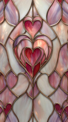 Beautiful stained Glass window with pink and red details and heart shapes for Valentine&rsquo;s Day. Postcard and banner website for Valentine's Day, wedding and romantic details.