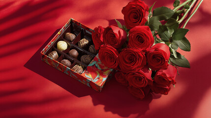 Red roses and box of chocolates over vibrant red background for Valentine&rsquo;s Day. Postcard and banner website for Valentine's Day, wedding and romantic details.