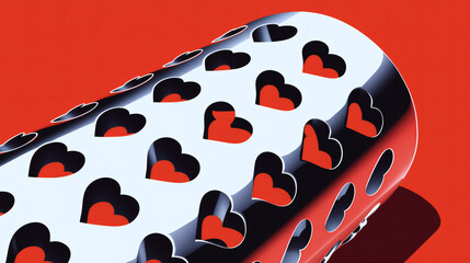 Retro illustration style of shiny heart shapes against saturated red background. Postcard and banner website for Valentine's Day, wedding and romantic concept.