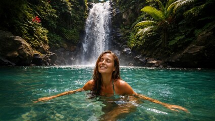 Happy woman swimming in turquoise lagoon beneath tropical waterfall, lush rainforest scenery, travel adventure escape.