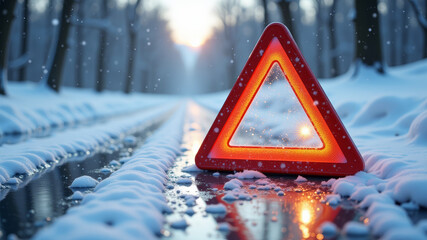 Reflective warning triangle placed on snowy road in winter forest