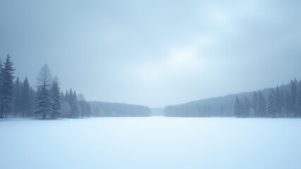 Wide snow covered landscape with foggy background in winter morning