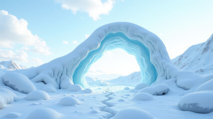 Curved ice tunnel built in snowy winter environment with blue shadows