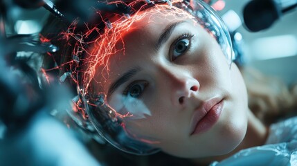 An intriguing close-up of a woman engaged with advanced technology, depicted through a network of lights around her head, representing the intersection of humanity and futuristic innovation.