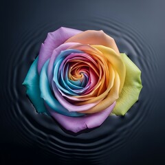 Vibrant rainbow colored rose floating on dark water surface with circular ripples