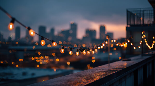 Atmospheric photography of romantic rooftop evening with fairy lights and city skyline, vibrant warm tone