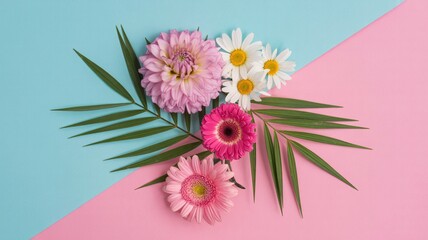 Vibrant tropical flowers and palm leaves arranged on a pastel pink and blue background for a fresh and lively flat with lay