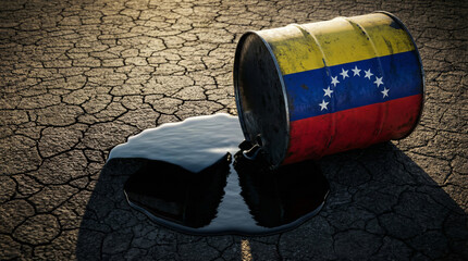 A barrel of oil with the Venezuelan flag spilling crude oil onto dry, cracked earth, symbolizing the economic crisis.