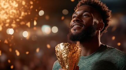In this evocative image, an athlete gazes upward with a trophy in hand, radiating joy and gratitude, while confetti and a cheering audience create a vibrant atmosphere of celebration and achievement.
