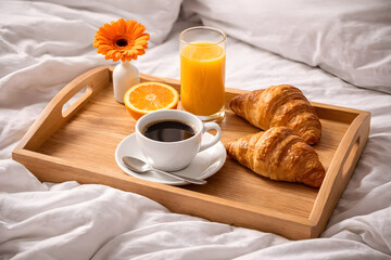 breakfast in bed on a wooden tray