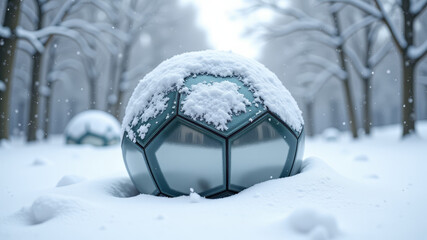 Abandoned soccer ball partially buried in fresh snow during winter