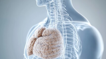 Human chest showing brain like structures replacing lungs inside a semi transparent body scanning render