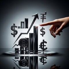 Financial graph with currency symbols and hand indicating growth, concept of investment