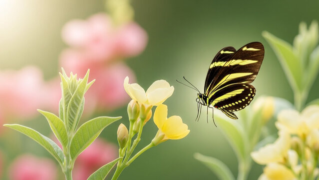 Beautiful Zebra Longwing Butterfly Flying Near Yellow Flowers in Garden.