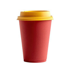 Bright red takeaway cup with yellow lid sitting on a plain white surface in a kitchen on transparent background