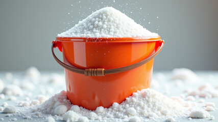 Plastic snow shovel standing upright in deep snow during winter cleanup
