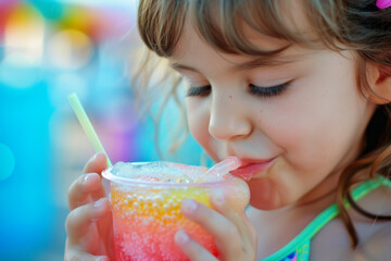 Close up of a child holding a cold slushy crushed ice drink on a hot summer day