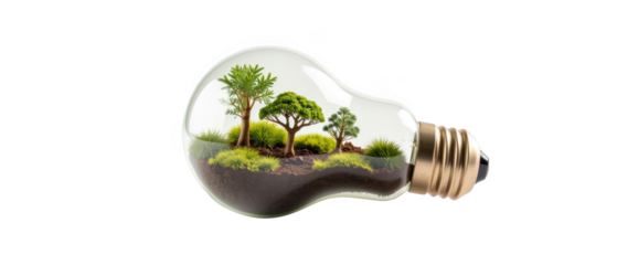 Eco friendly light bulb with miniature trees and plants inside, symbolizing sustainability and nature conservation