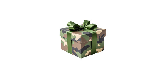 Camouflage gift box with green ribbon, perfect for special occasions and surprises. This unique design adds fun twist to gift giving