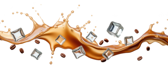 Creamy coffee splash with ice cubes and coffee beans creates refreshing scene