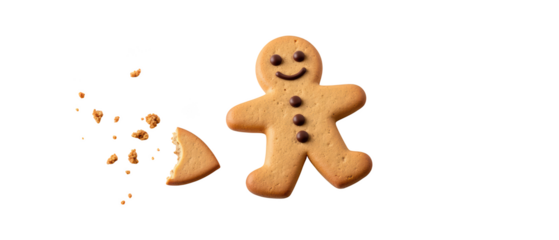 Gingerbread cookie with chocolate chips, smiling face, and crumbs scattered around, evokes sense of joy and nostalgia