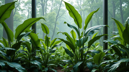 Indoor tropical plants growing near glass window with natural light