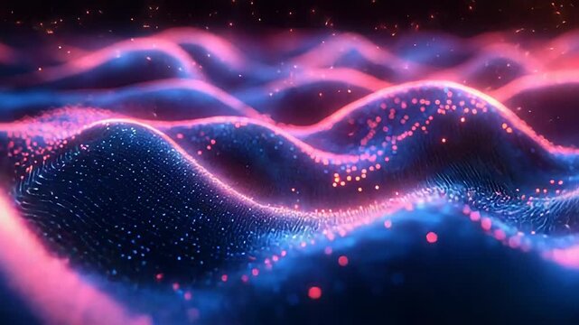 Glowing blue and pink waves of light ripple across a dark digital surface, dotted with vibrant particles suggesting data flow, network connections, and futuristic tech energy visualization