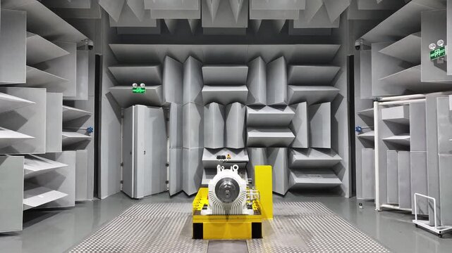 Yellow robotic testing equipment operating inside an anechoic chamber