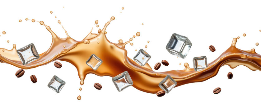 Creamy coffee splash with ice cubes and coffee beans creates refreshing scene