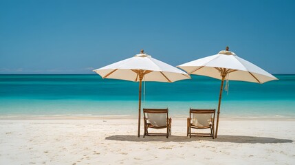 Fototapeta premium Tropical beach relaxation serene deckchairs under umbrellas golden sand turquoise ocean lifestyle photography vacation bliss