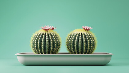 Two flowering cacti in a minimalist indoor setting on a vibrant background