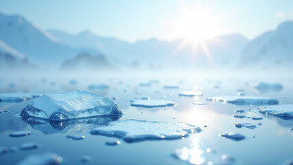 Melting sea ice with broken pieces floating in cold arctic water
