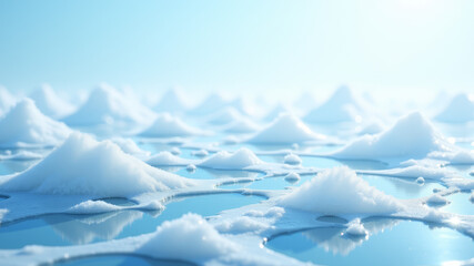 Mini snowy peaks emerging from frozen sea with icy water reflections